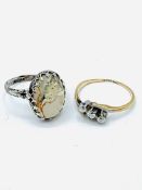 18ct and platinum 3 diamond ring, and a silver moonstone set ring