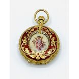 18ct gold small hunter pocket watch, with diamond and enamel cover, by Waltham, Massachusetts