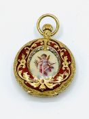 18ct gold small hunter pocket watch, with diamond and enamel cover, by Waltham, Massachusetts