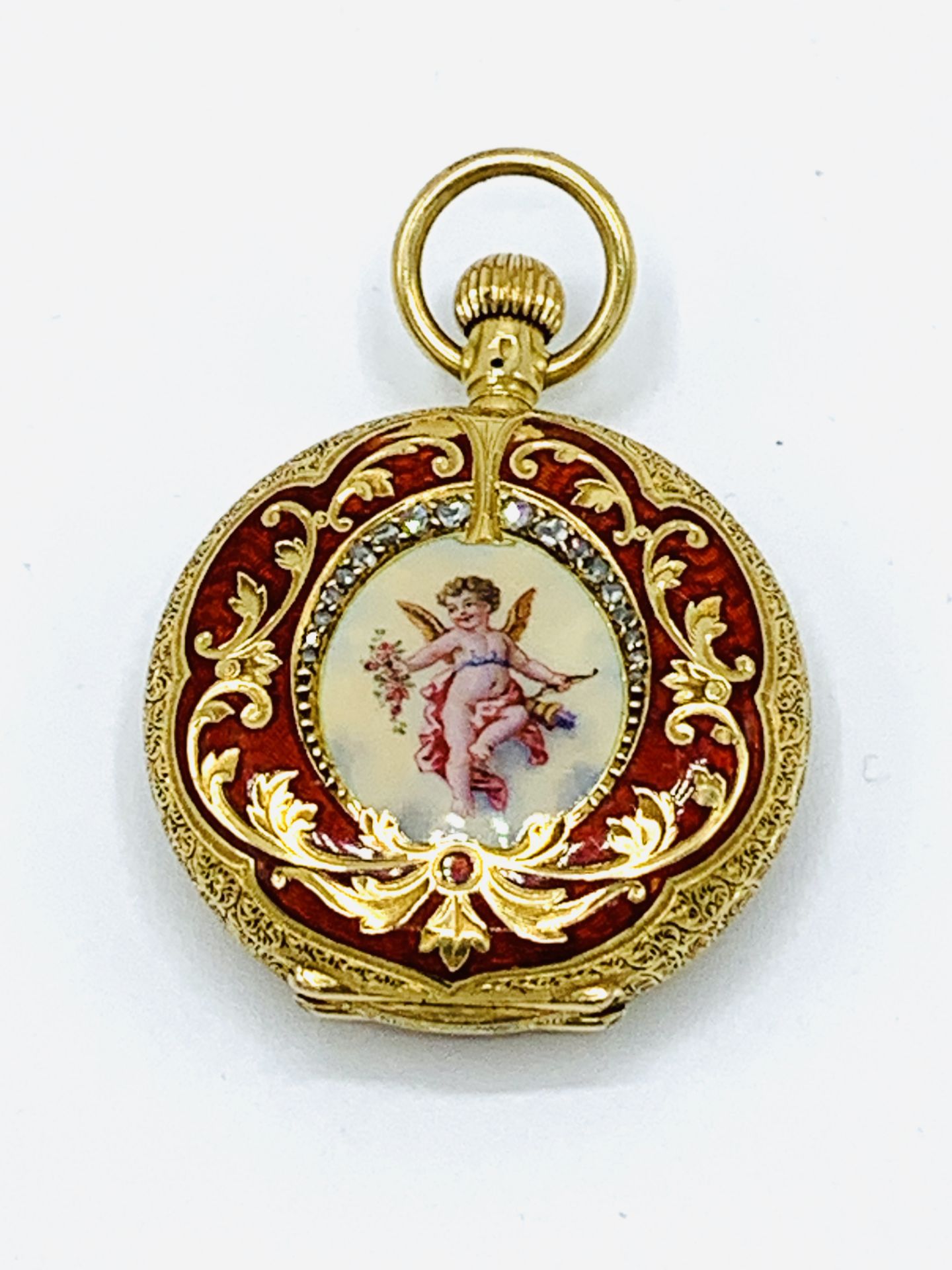 18ct gold small hunter pocket watch, with diamond and enamel cover, by Waltham, Massachusetts
