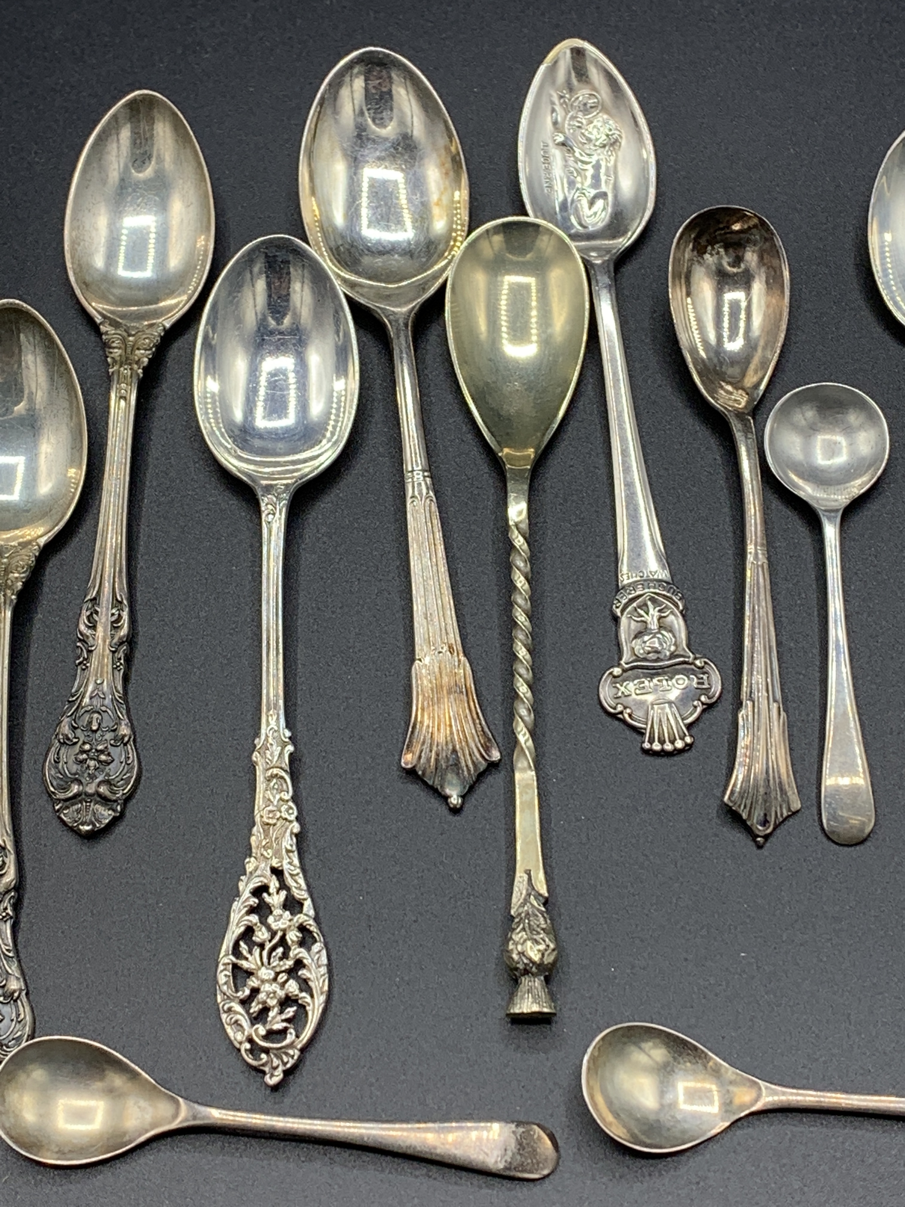 Four silver condiment spoons, six sterling silver teaspoons, and three silver plated teaspoons - Image 4 of 4