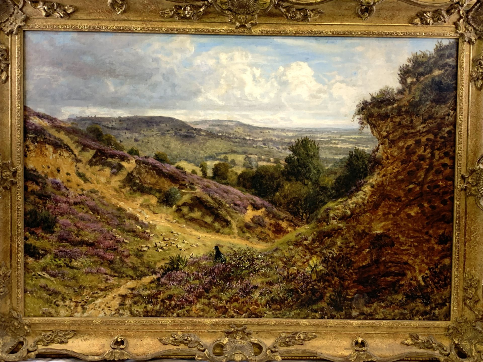 George William Mote (1832-1909), oil on canvas in gilt frame of a Border Collie gathering sheep