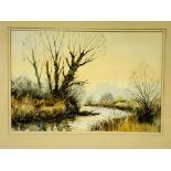 Framed and glazed watercolour "Across the River Bank" signed Geoff Bartlett