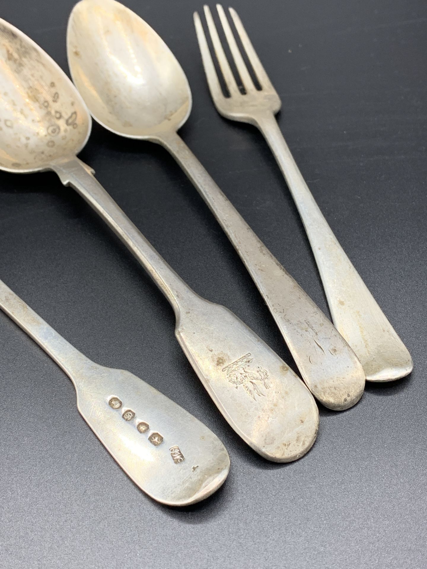 Silver fork, London 1802, silver spoon London 1808, and 2 Victorian silver dessert spoons - Image 2 of 3