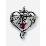 Gold and platinum ruby, pearl and diamond brooch