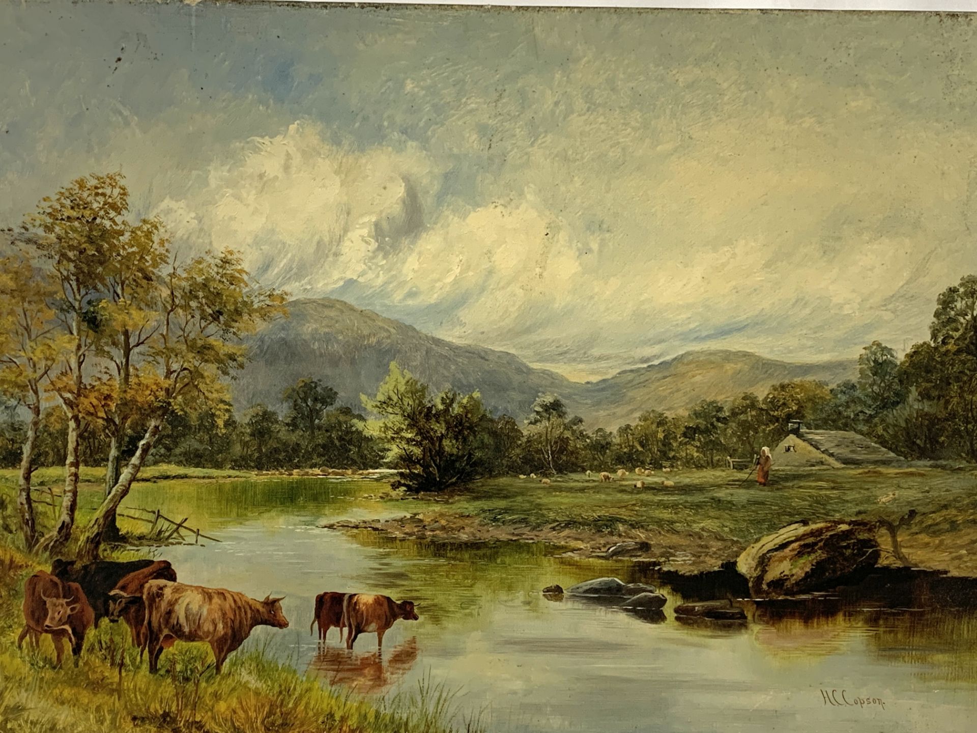 H C Copson unframed oil on canvas of cattle watering at a river. - Image 2 of 3