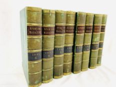 Eight volumes of Sporting magazine, 1857, 1859, 1860, 1861, 1863, half green leather bound