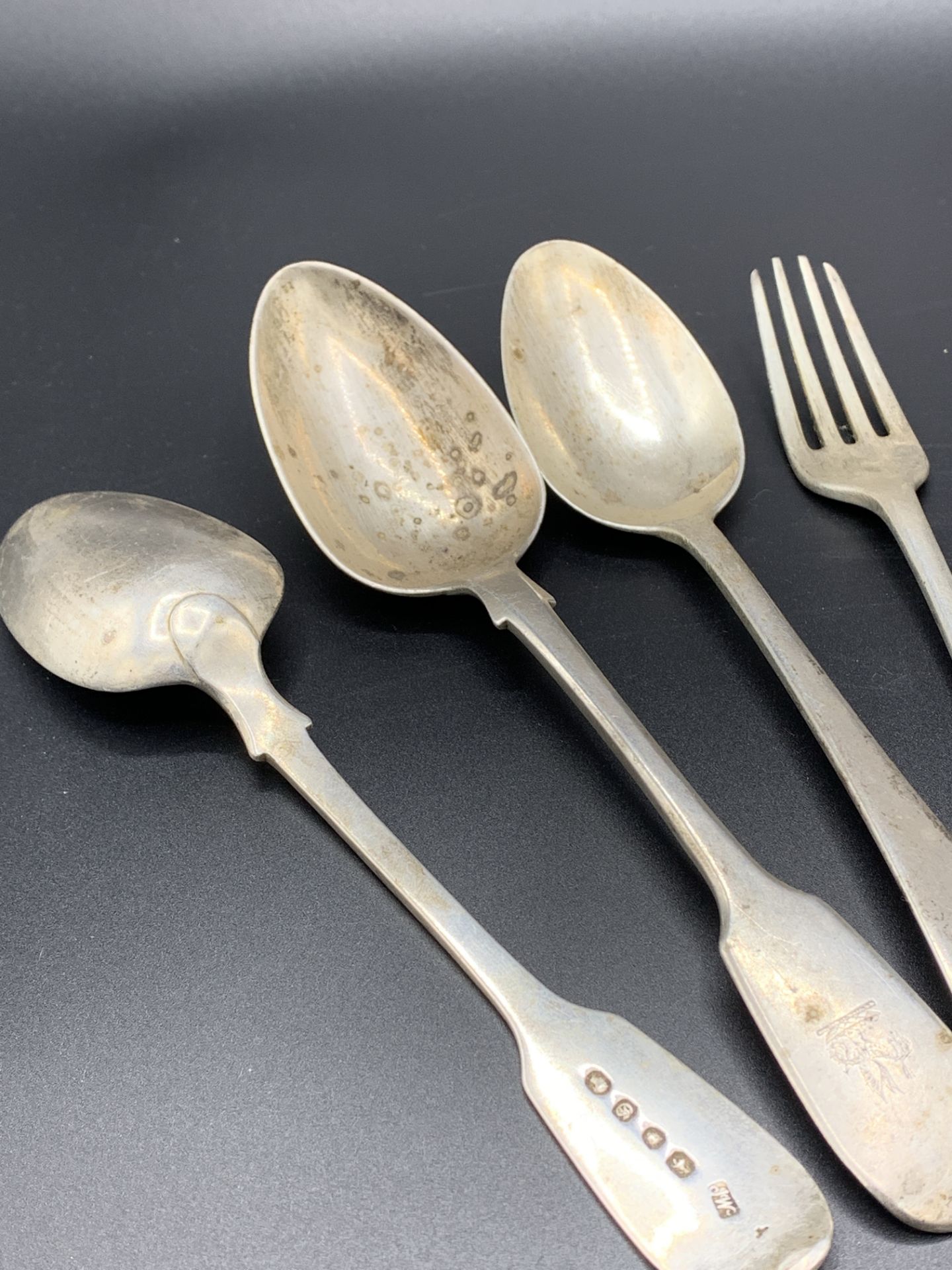 Silver fork, London 1802, silver spoon London 1808, and 2 Victorian silver dessert spoons - Image 3 of 3