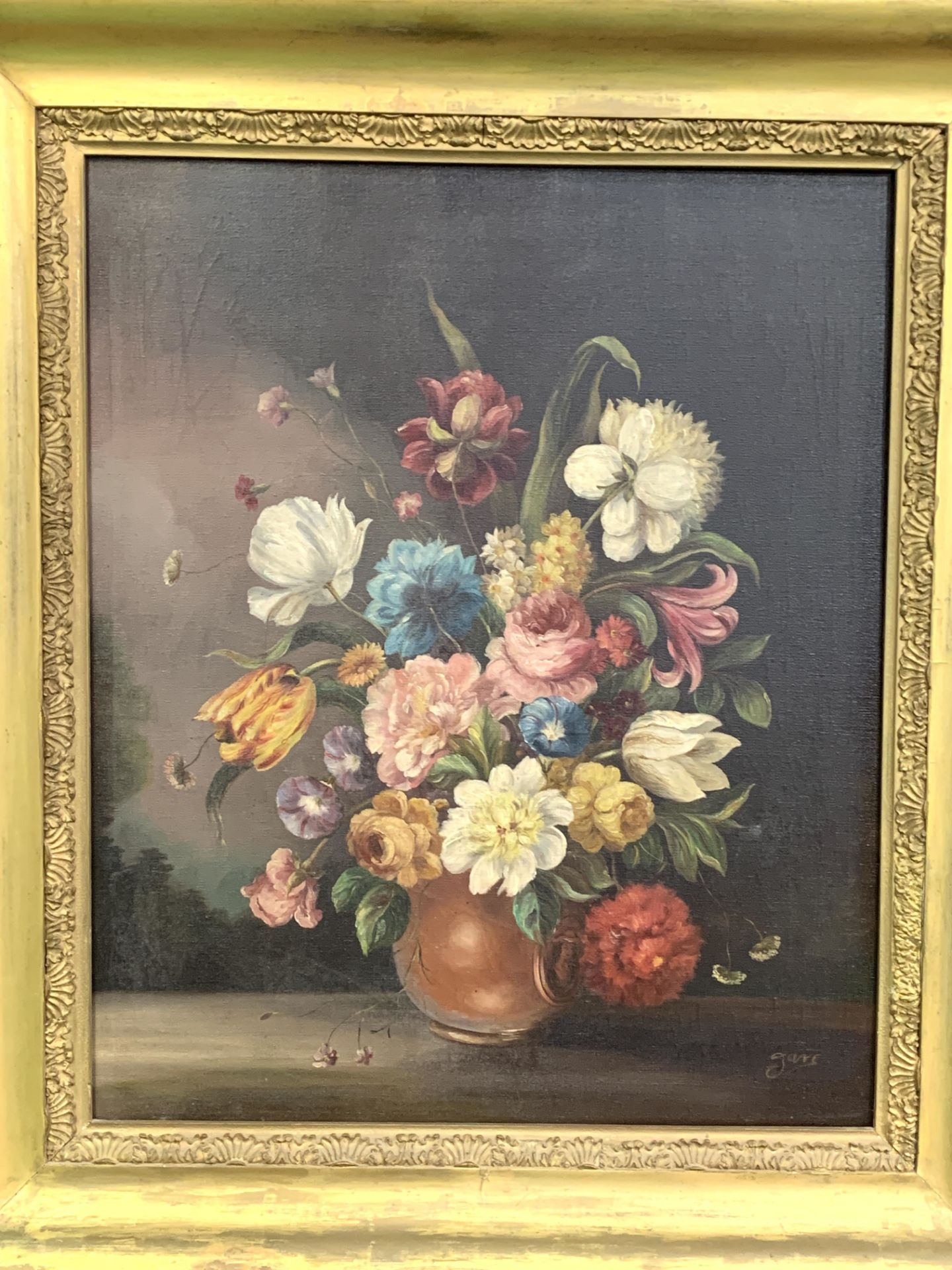 Heavy gilt framed oil on canvas still life flowers after Jan Van Os