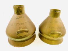 Two copper and brass measures: imperial 4 gallons and imperial 3 gallons