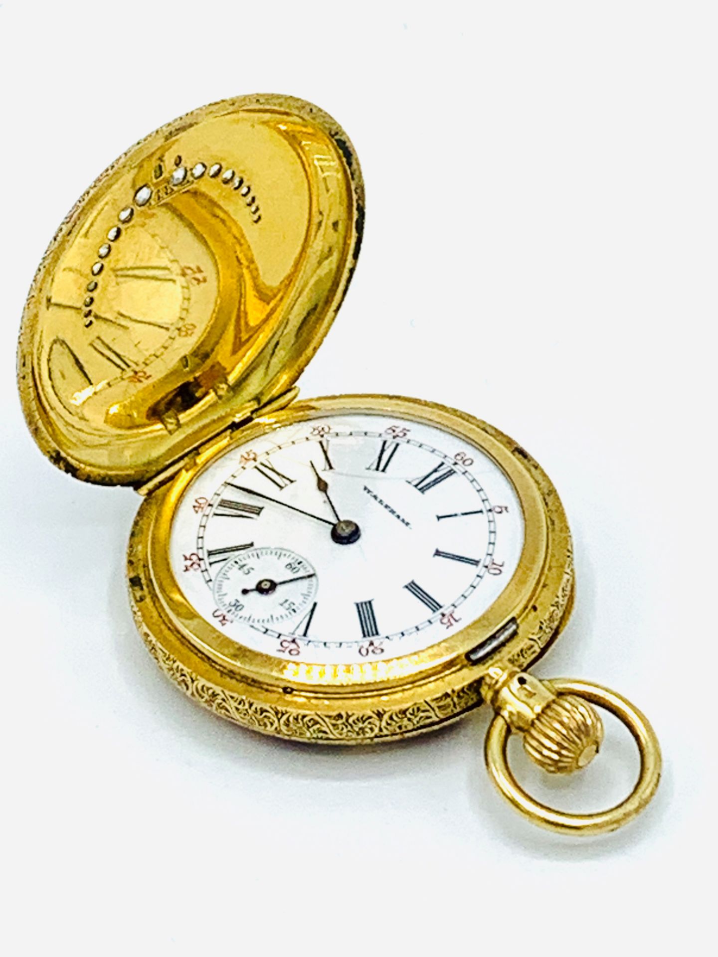 18ct gold small hunter pocket watch, with diamond and enamel cover, by Waltham, Massachusetts - Image 6 of 7