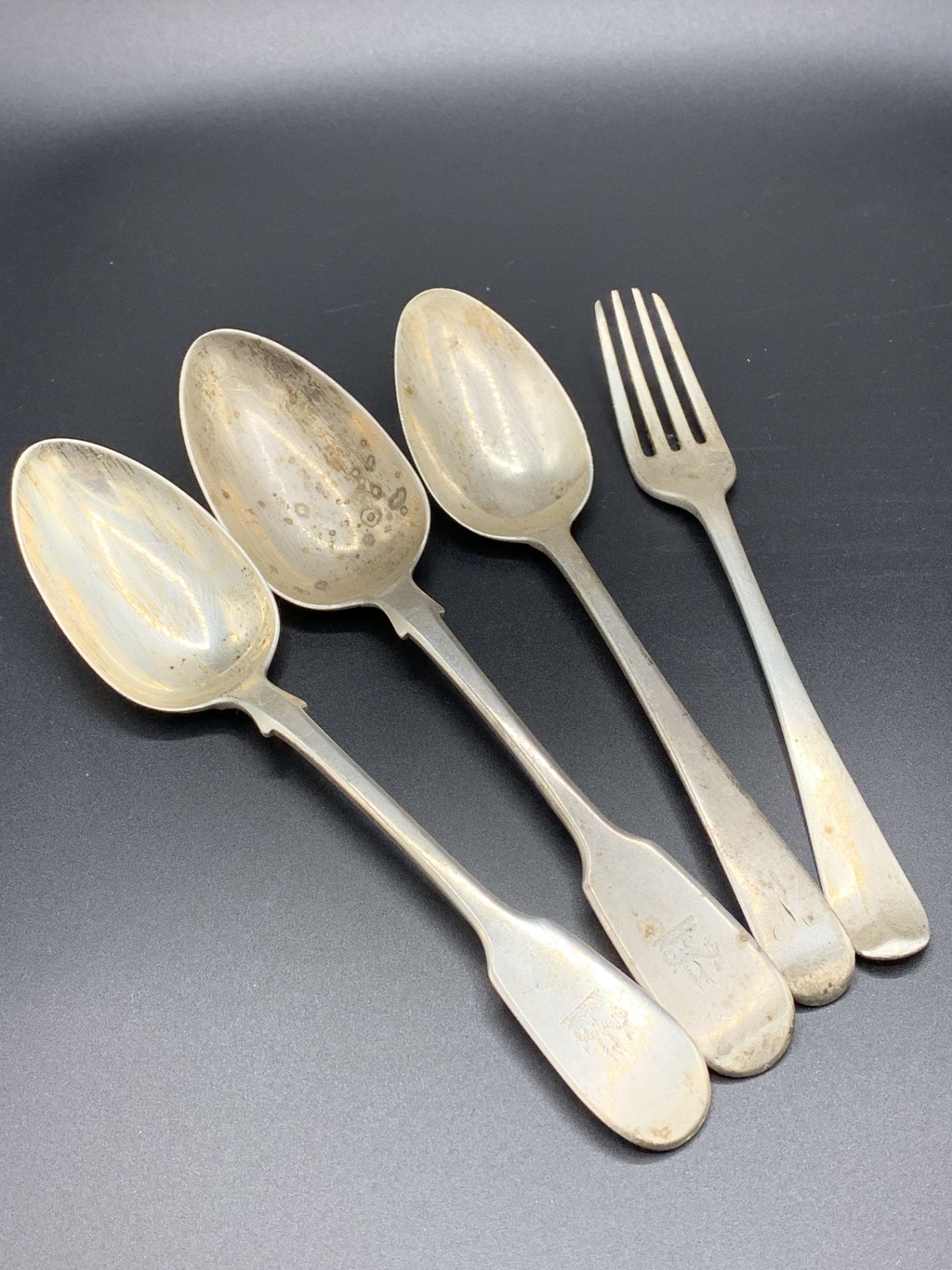 Silver fork, London 1802, silver spoon London 1808, and 2 Victorian silver dessert spoons