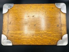Edwardian oak desk blotter with hallmarked silver corners