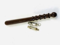The Metropolitan City of London Police Reserve whistle by J Hudson & Co; Scout whistle; truncheon