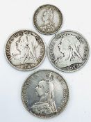 An 1887 Queen Victoria silver double florin; a silver Queen Victoria half crown 1893 and others.