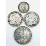 An 1887 Queen Victoria silver double florin; a silver Queen Victoria half crown 1893 and others.