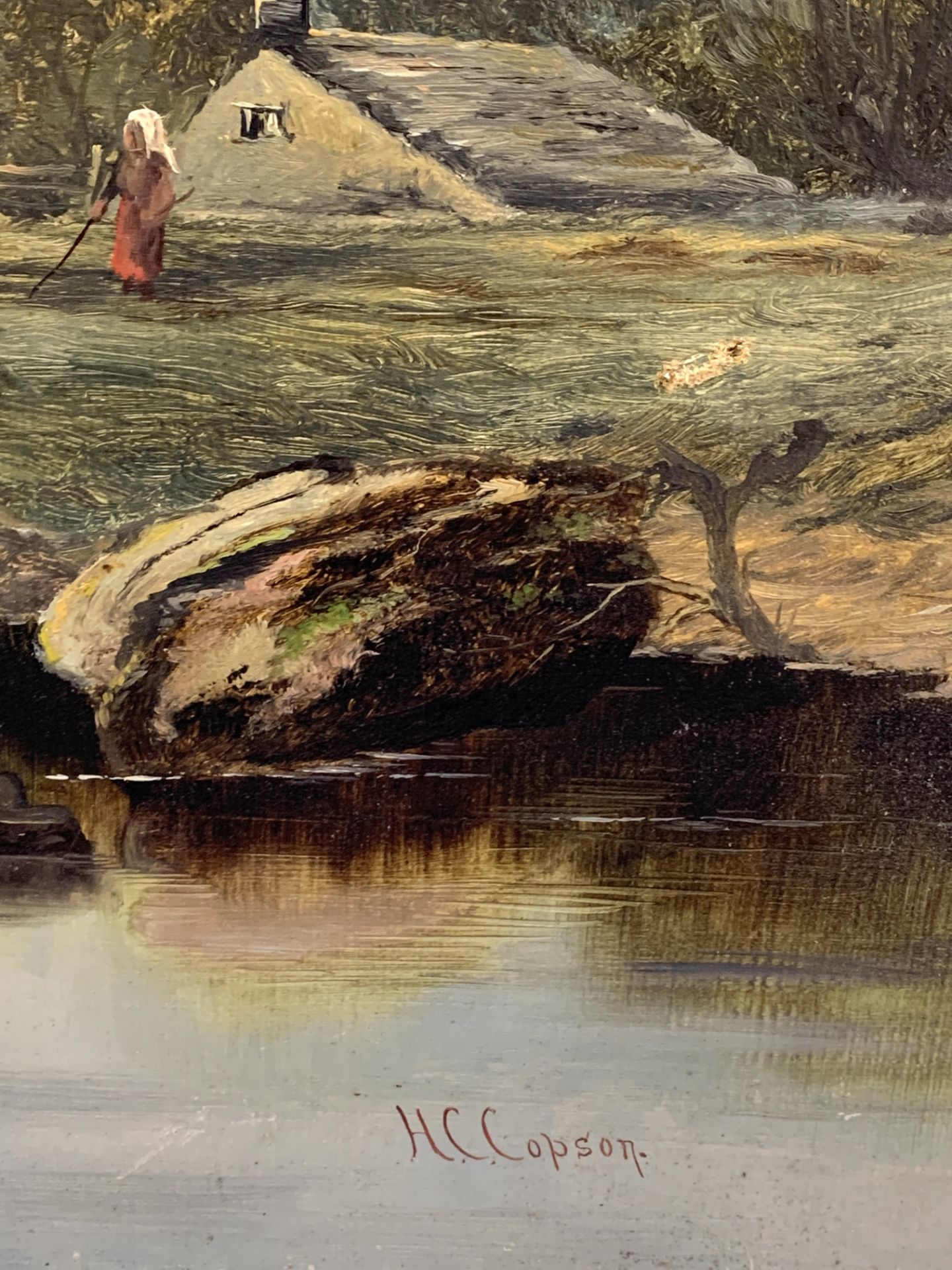 H C Copson unframed oil on canvas of cattle watering at a river. - Image 3 of 3