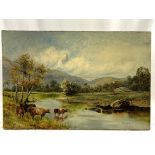 H C Copson unframed oil on canvas of cattle watering at a river.