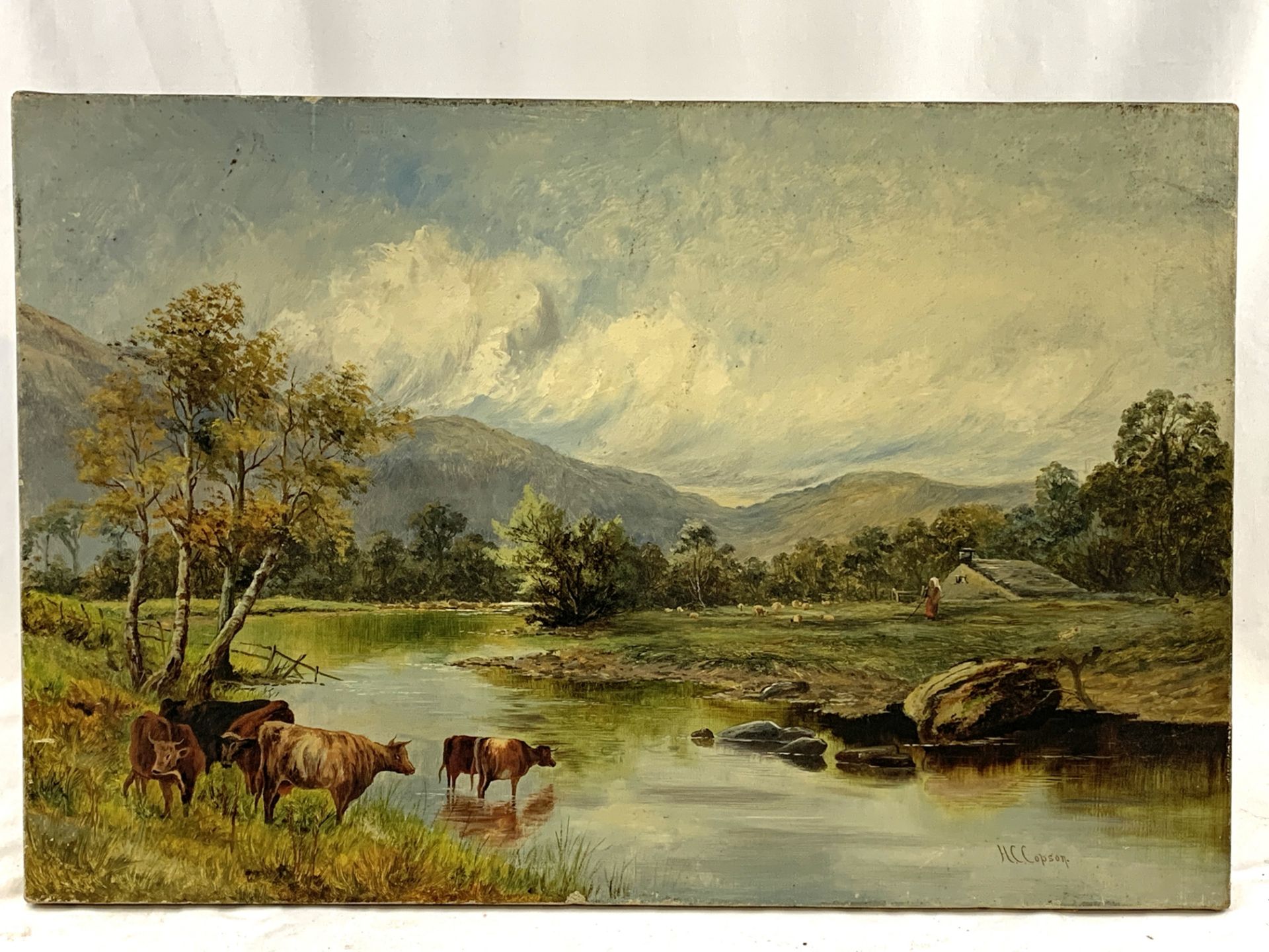 H C Copson unframed oil on canvas of cattle watering at a river.