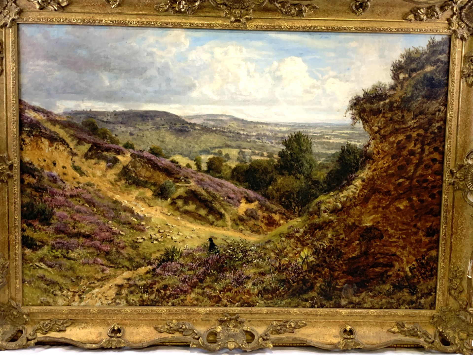George William Mote (1832-1909), oil on canvas in gilt frame of a Border Collie gathering sheep - Image 3 of 3