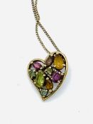 9ct gold gem set heart pendant on a 9ct gold chain