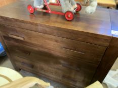 Stained laminate chest of three drawers.