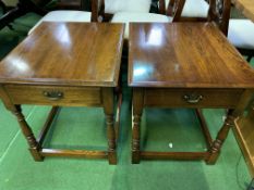Pair of oak occasional tables with frieze drawer on turned legs to stretchers