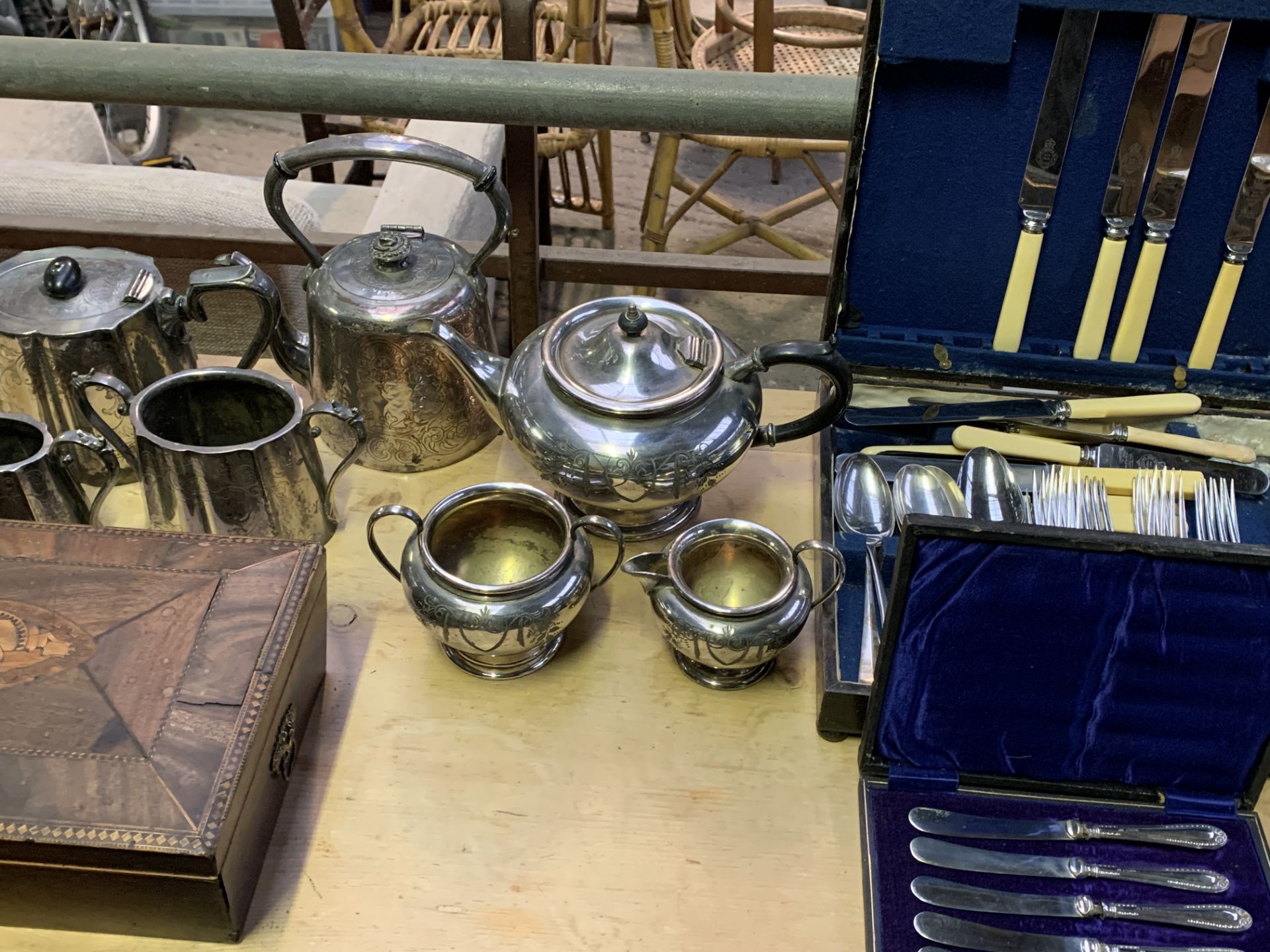 A quantity of silver plate together with a sewing box