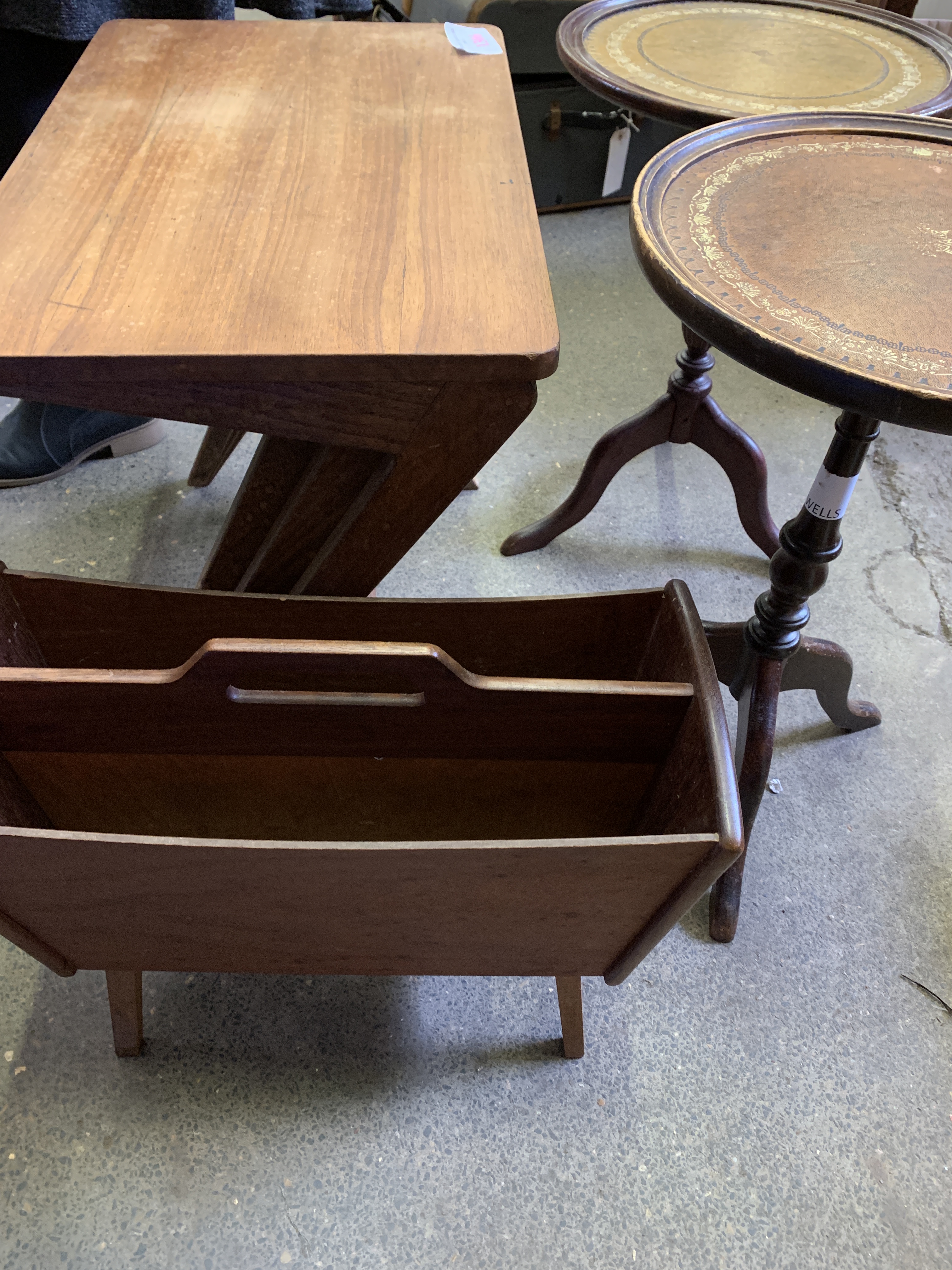 Teak nest of three tables, two mahogany wine tables, magazine rack, and chequerboard top table - Image 2 of 5