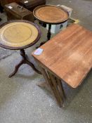 Teak nest of three tables, two mahogany wine tables, magazine rack, and chequerboard top table