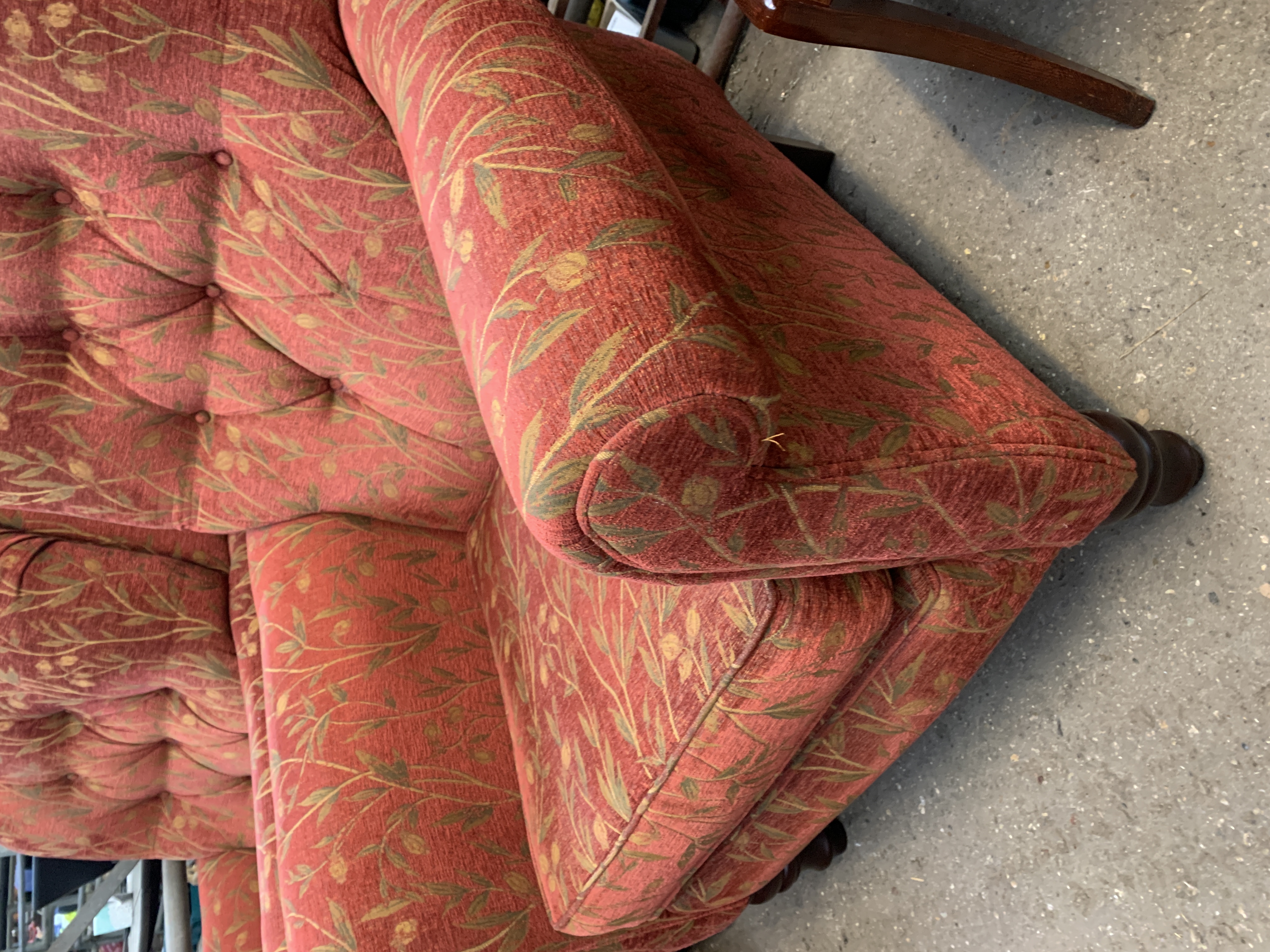 Two armchairs and an ottoman upholstered in dark red and gold floral design. - Image 3 of 6