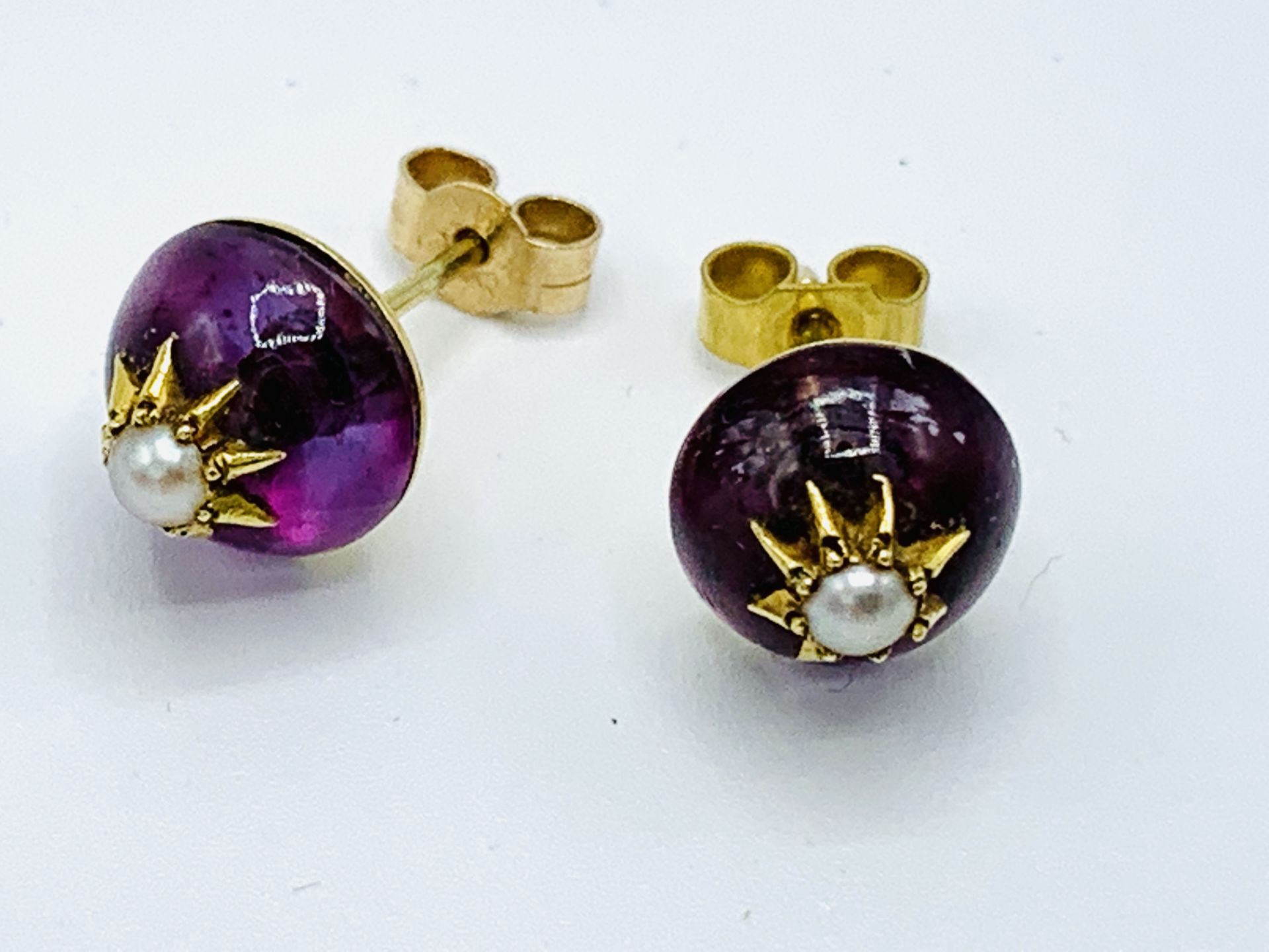 Gold coloured amethyst and seed pearl earrings
