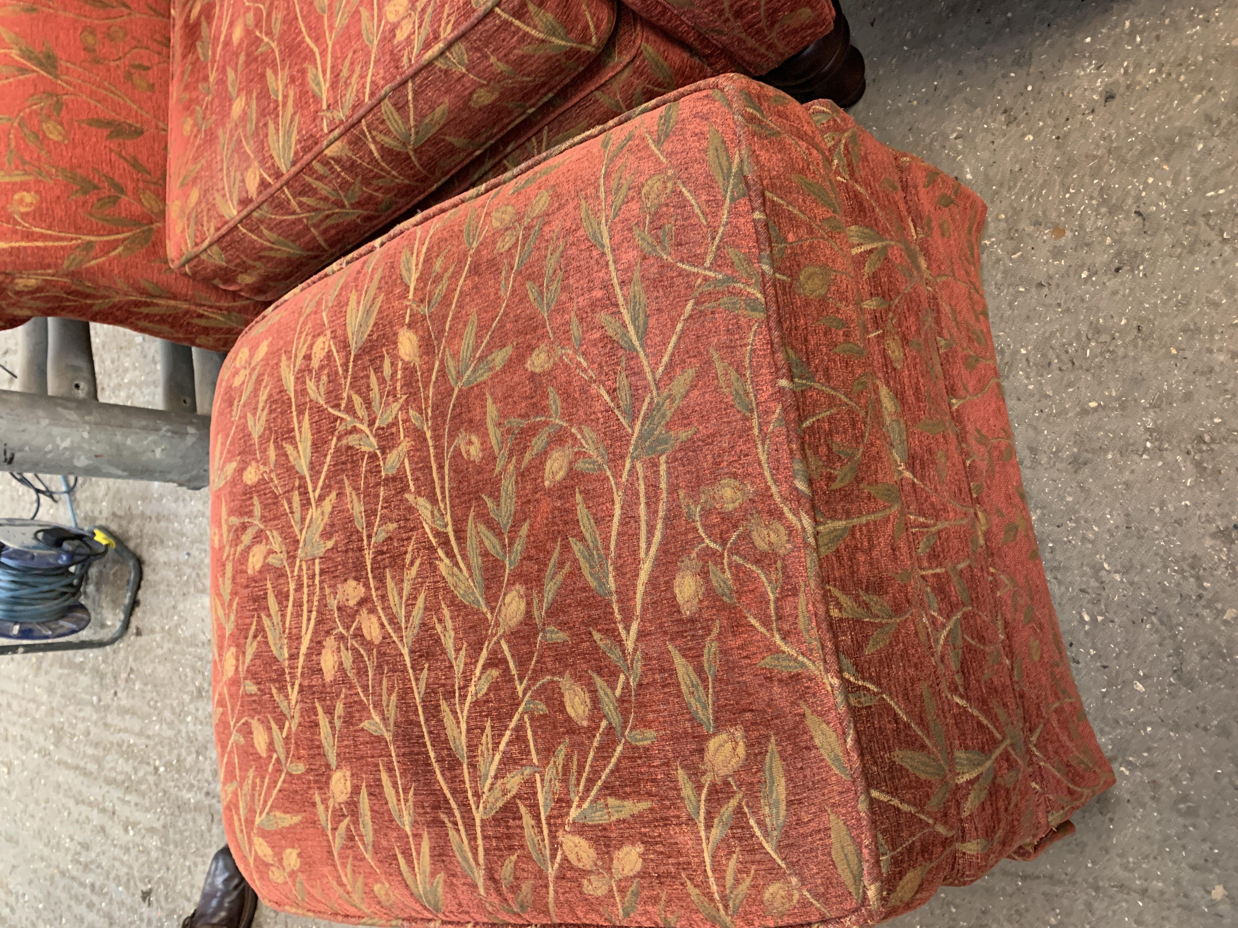 Two armchairs and an ottoman upholstered in dark red and gold floral design. - Image 4 of 6
