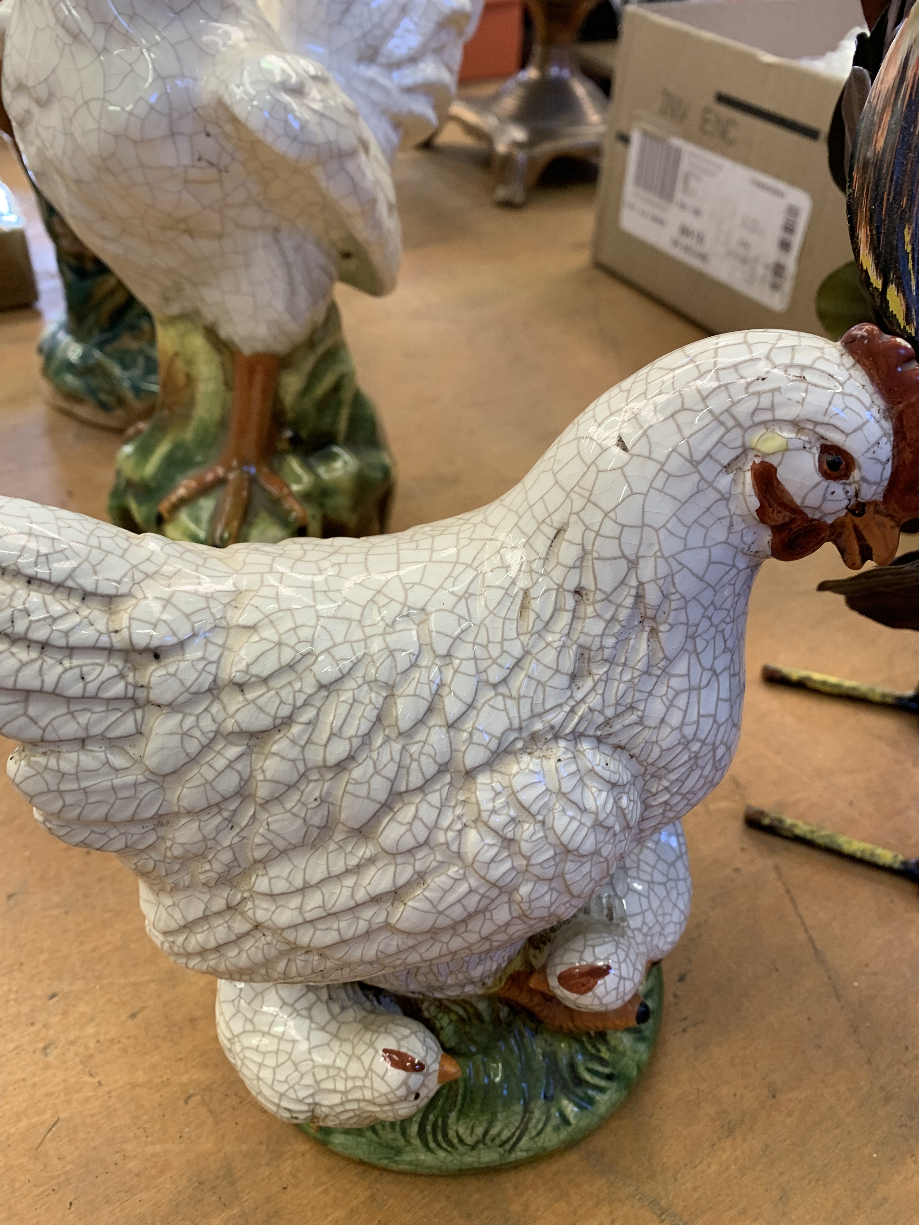 Three ceramic chicken figures and a metal cockerel - Image 2 of 5