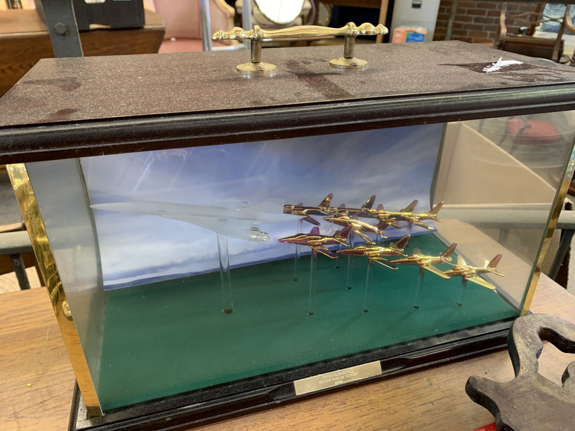 Mahogany display case containing a brass and crystal model of a Concorde and Red Arrows fly past. - Image 2 of 4