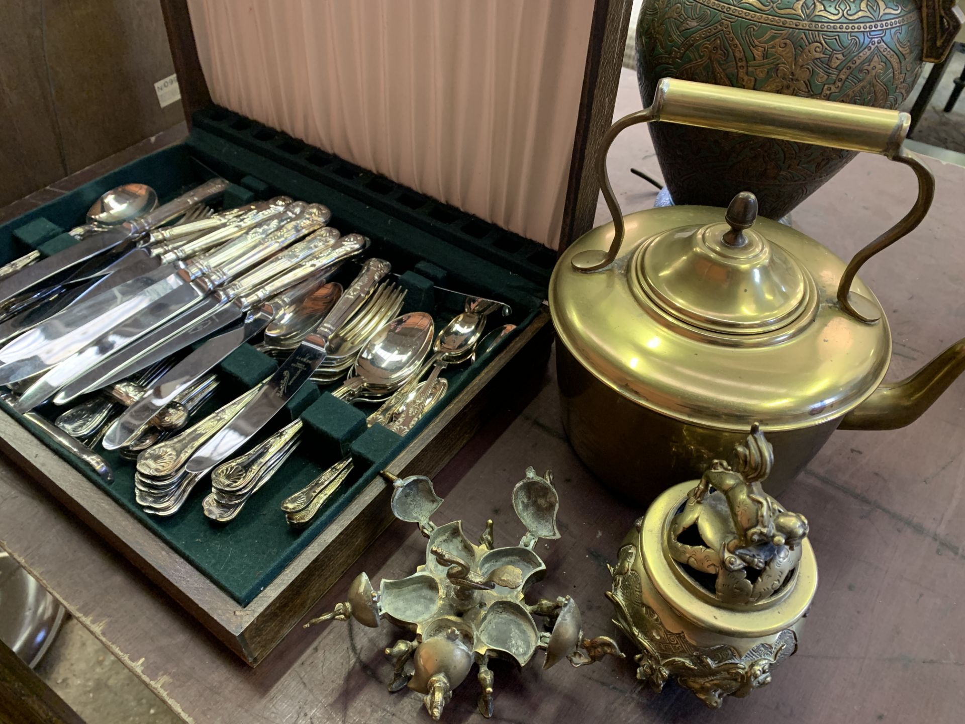 Wooden canteen of George Butler and Co silver plate King's pattern cutlery and other metalware.