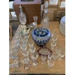Quantity of vintage glassware including glasses, vases, decanters and cut crystal items.