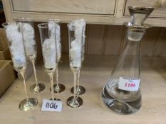 Six Vera Wang Love Knots champagne flutes and a silver topped glass decanter