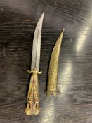 Decorated Jambiya knife with brass sheaf and carved bone handle