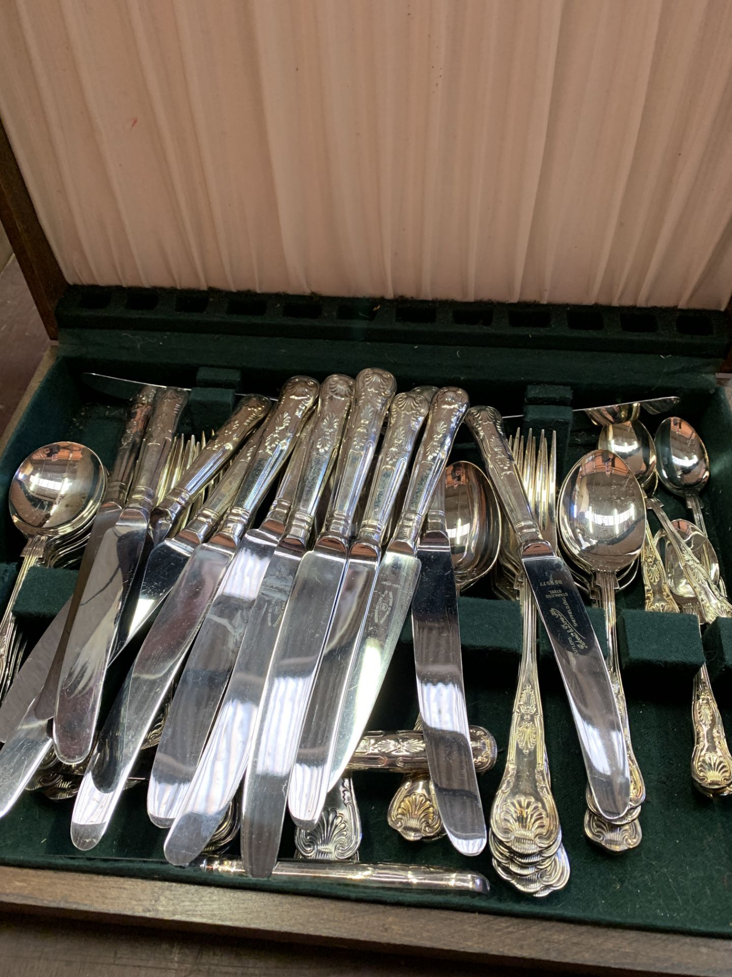 Wooden canteen of George Butler and Co silver plate King's pattern cutlery and other metalware. - Image 3 of 3