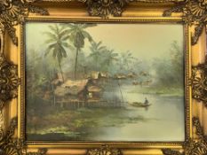 Pair of gilt framed oils on canvas of Asian river scenes