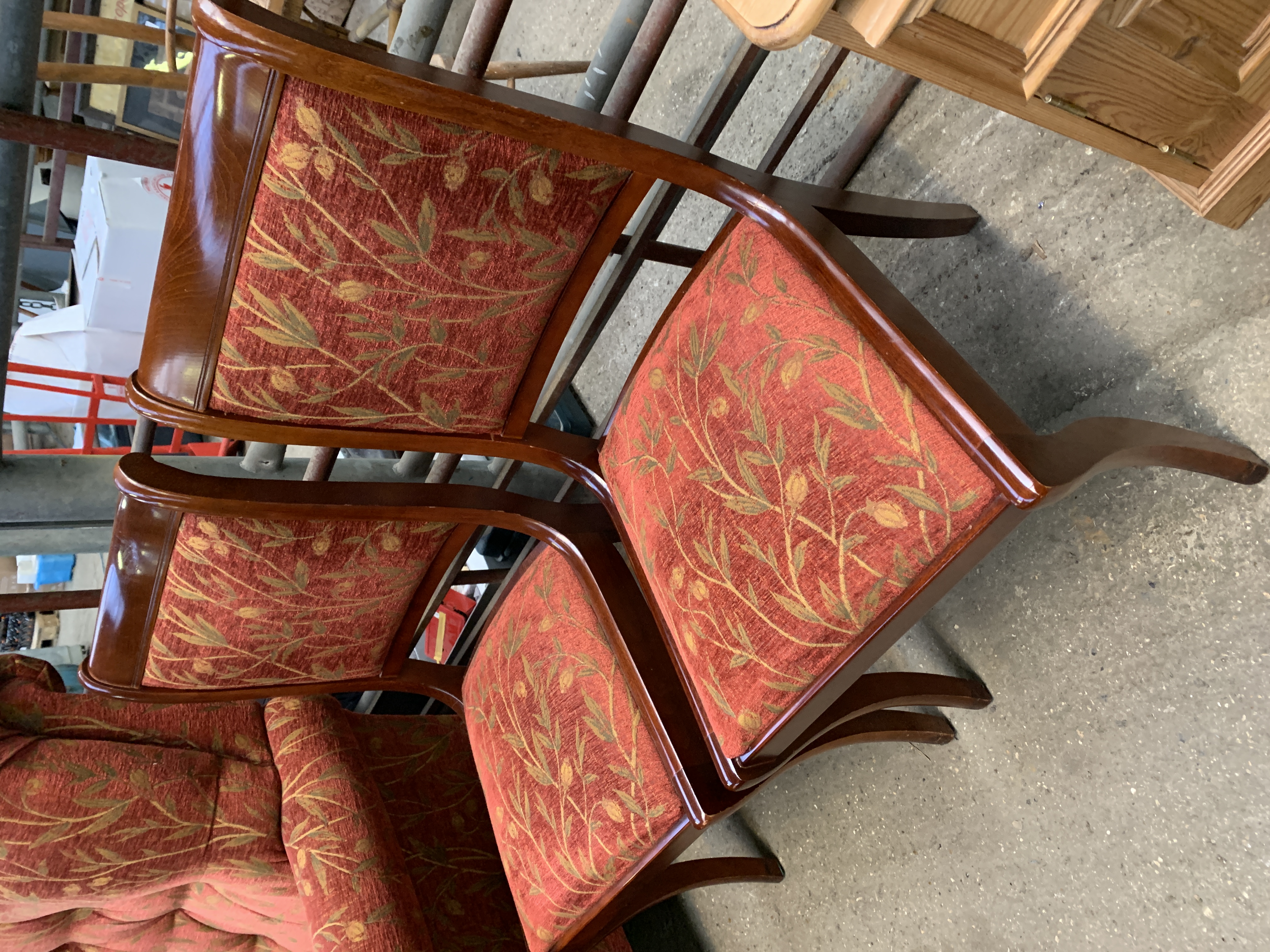Pair of dining chairs with sabre legs upholstered in dark red and gold floral design. - Image 2 of 3