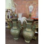 Pair of Oriental green and gilt metal vase shaped table lamps.