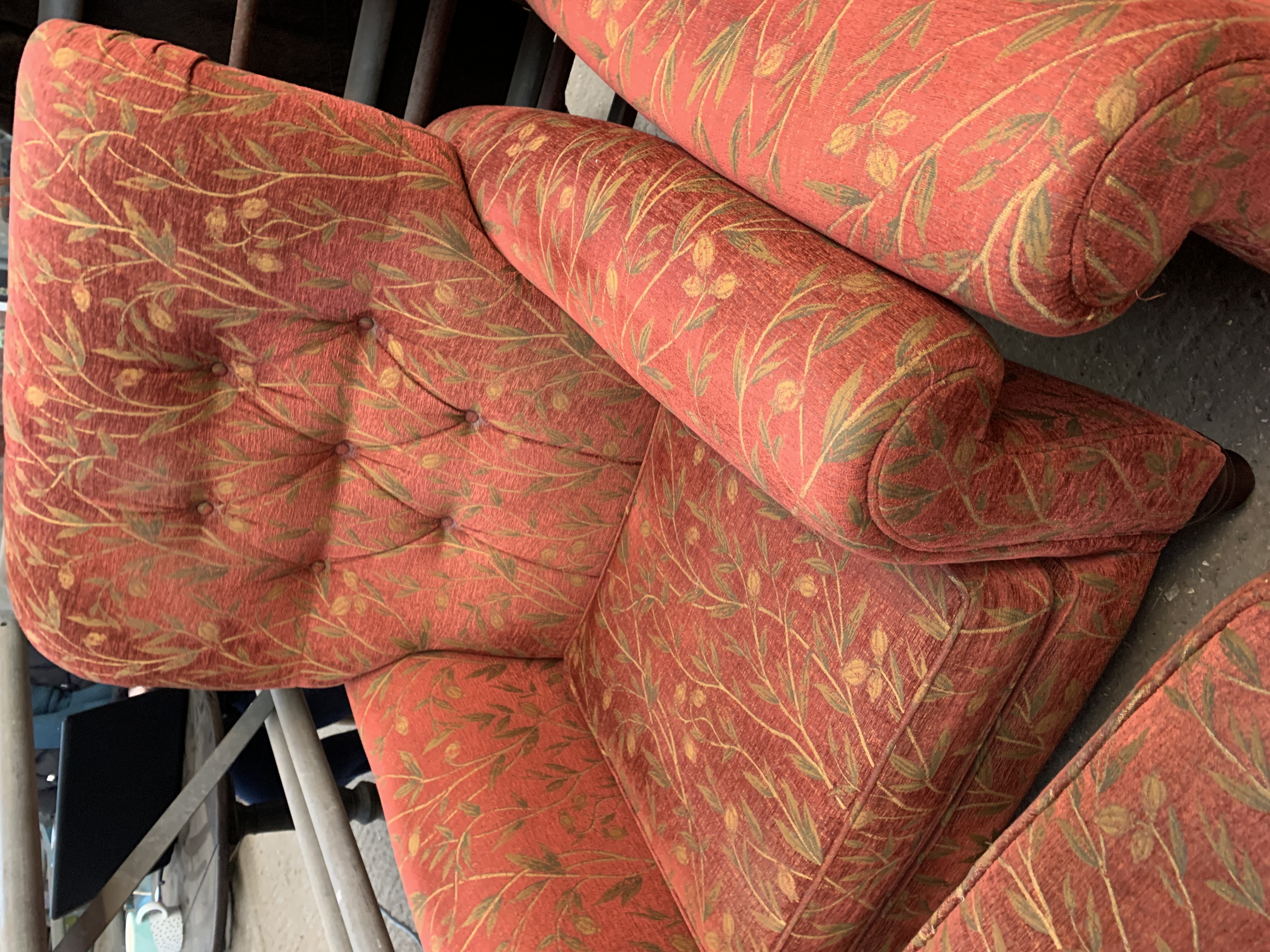 Two armchairs and an ottoman upholstered in dark red and gold floral design. - Image 5 of 6