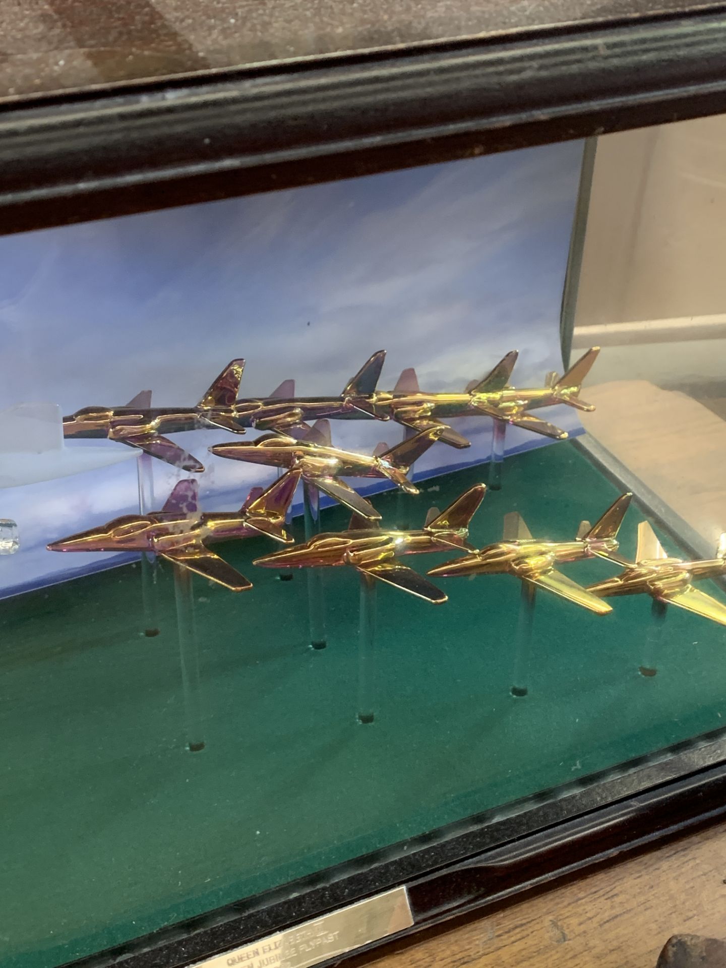 Mahogany display case containing a brass and crystal model of a Concorde and Red Arrows fly past. - Image 4 of 4