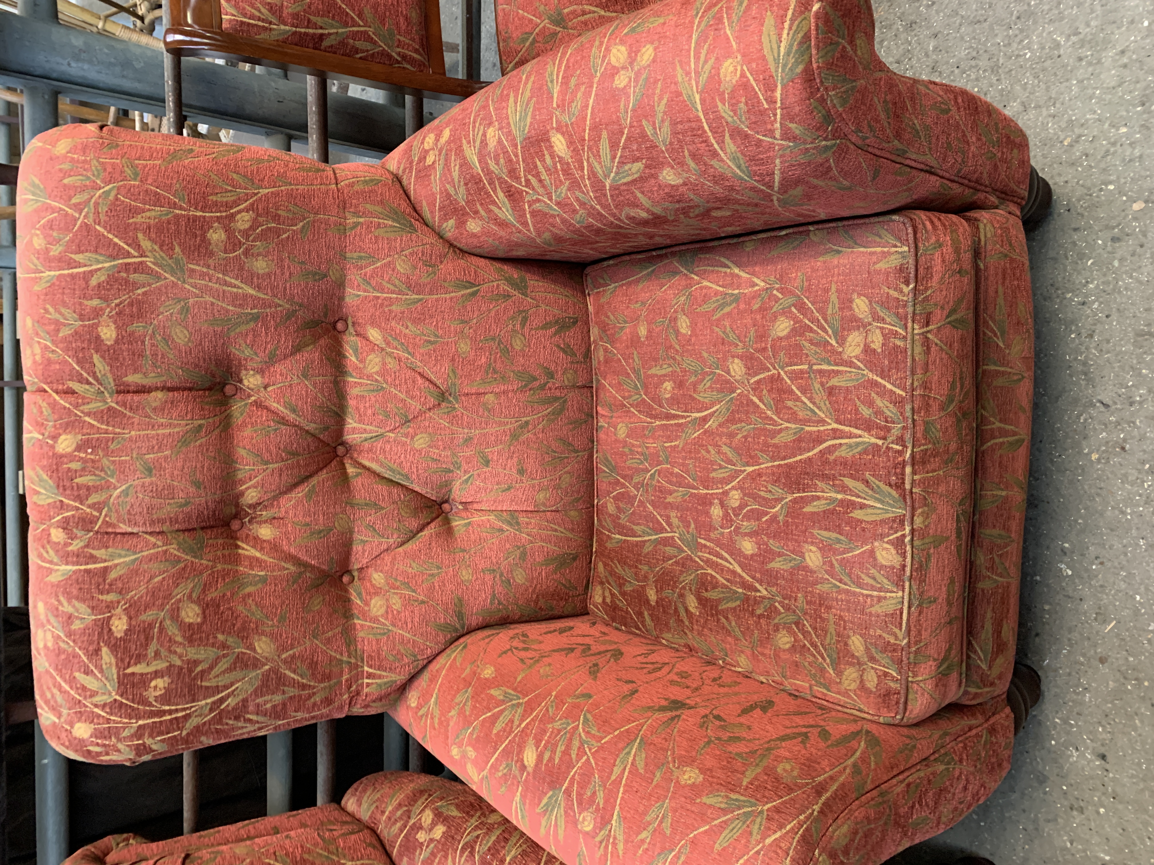 Two armchairs and an ottoman upholstered in dark red and gold floral design. - Image 6 of 6