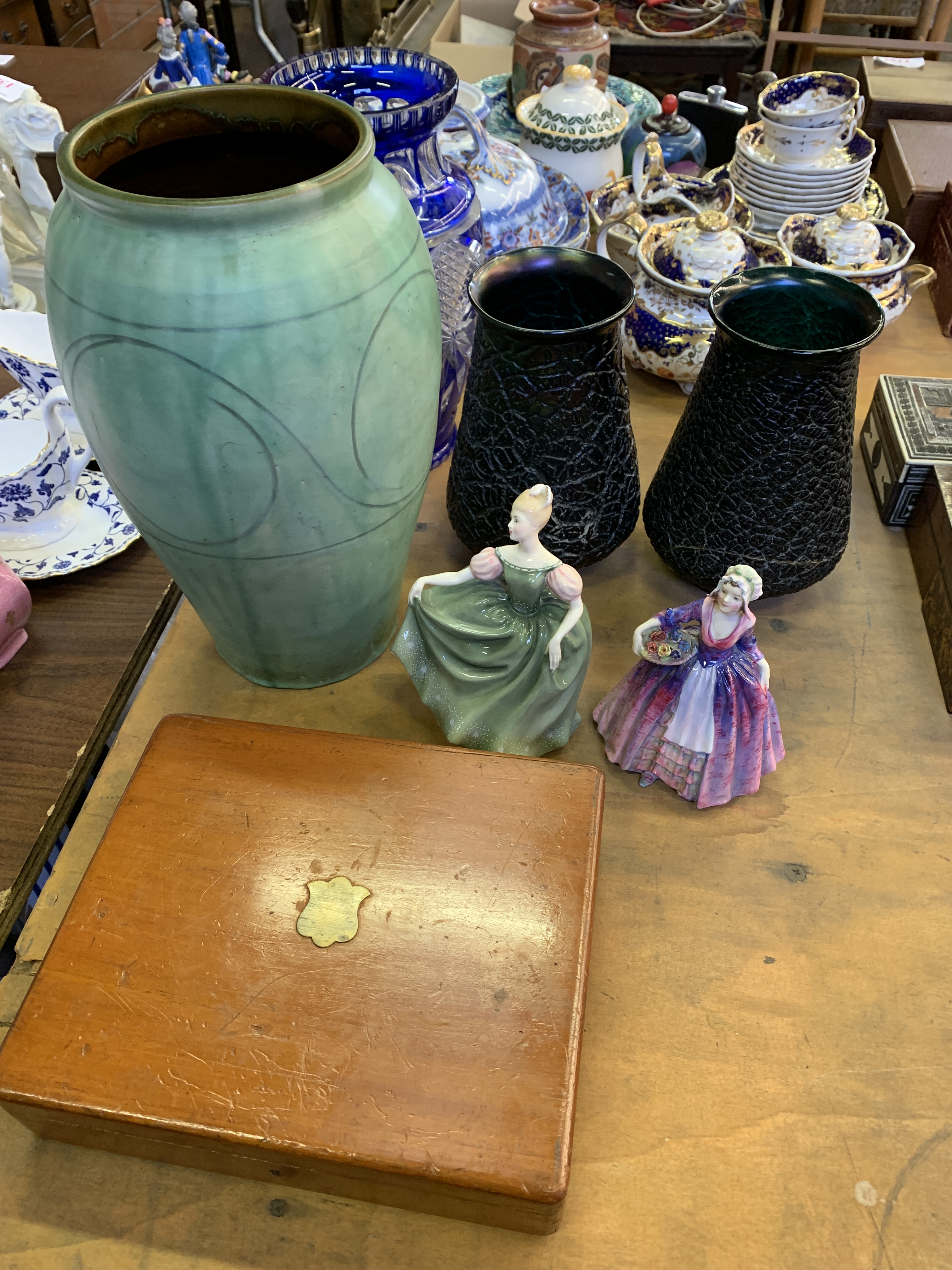 Mahogany box of silver plated fish knives and forks, art pottery, cut to clear vase, other items