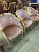 Three pink upholstered show wood tub chairs