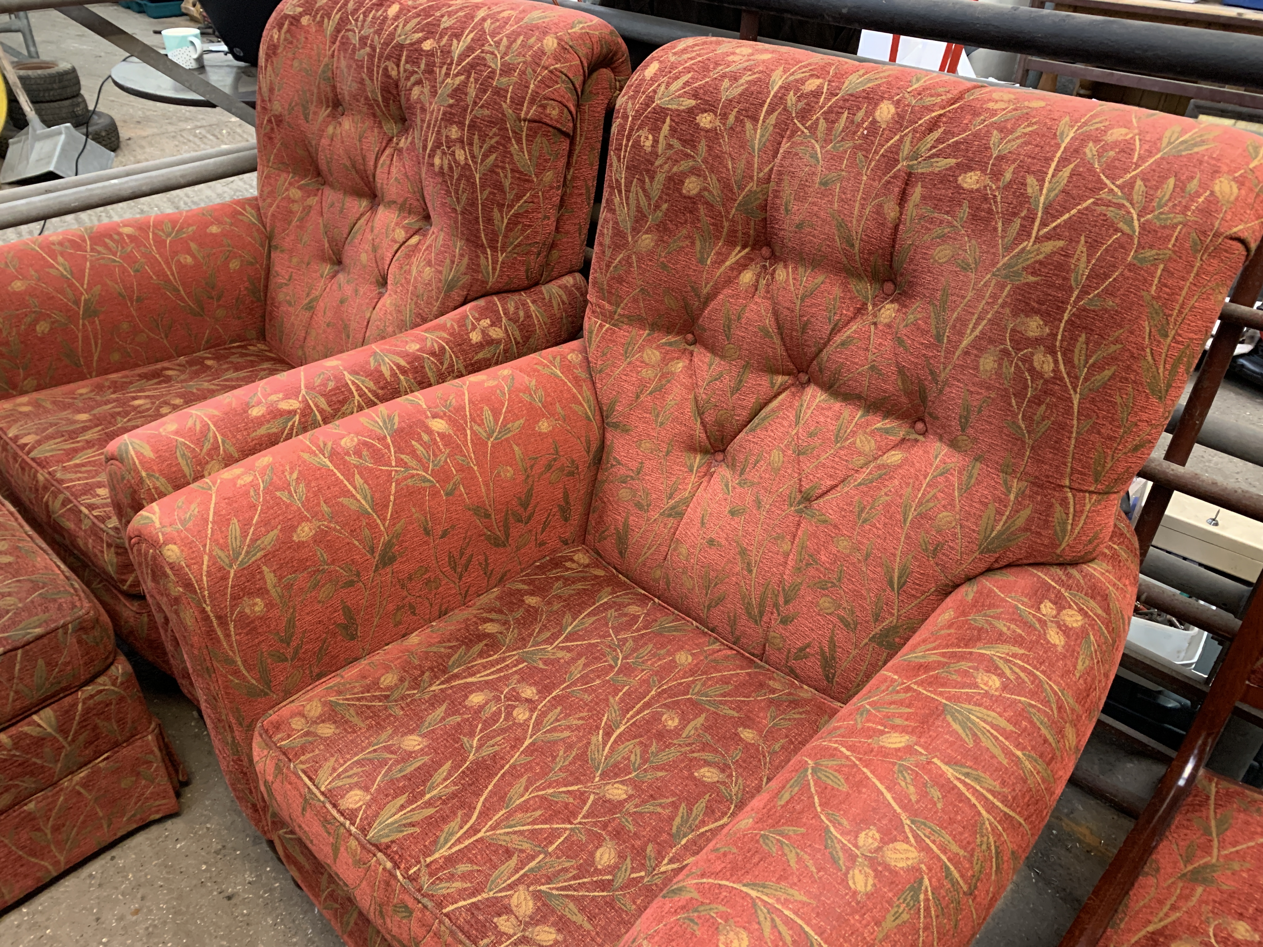 Two armchairs and an ottoman upholstered in dark red and gold floral design. - Image 2 of 6