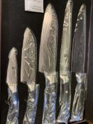 Five piece knife set in wooden box.